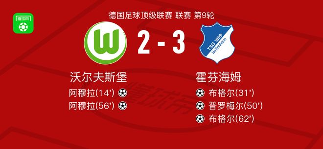 霍芬海姆3-2逆轉(zhuǎn)沃爾夫斯堡，布格爾梅開二度，普羅梅爾1傳1射