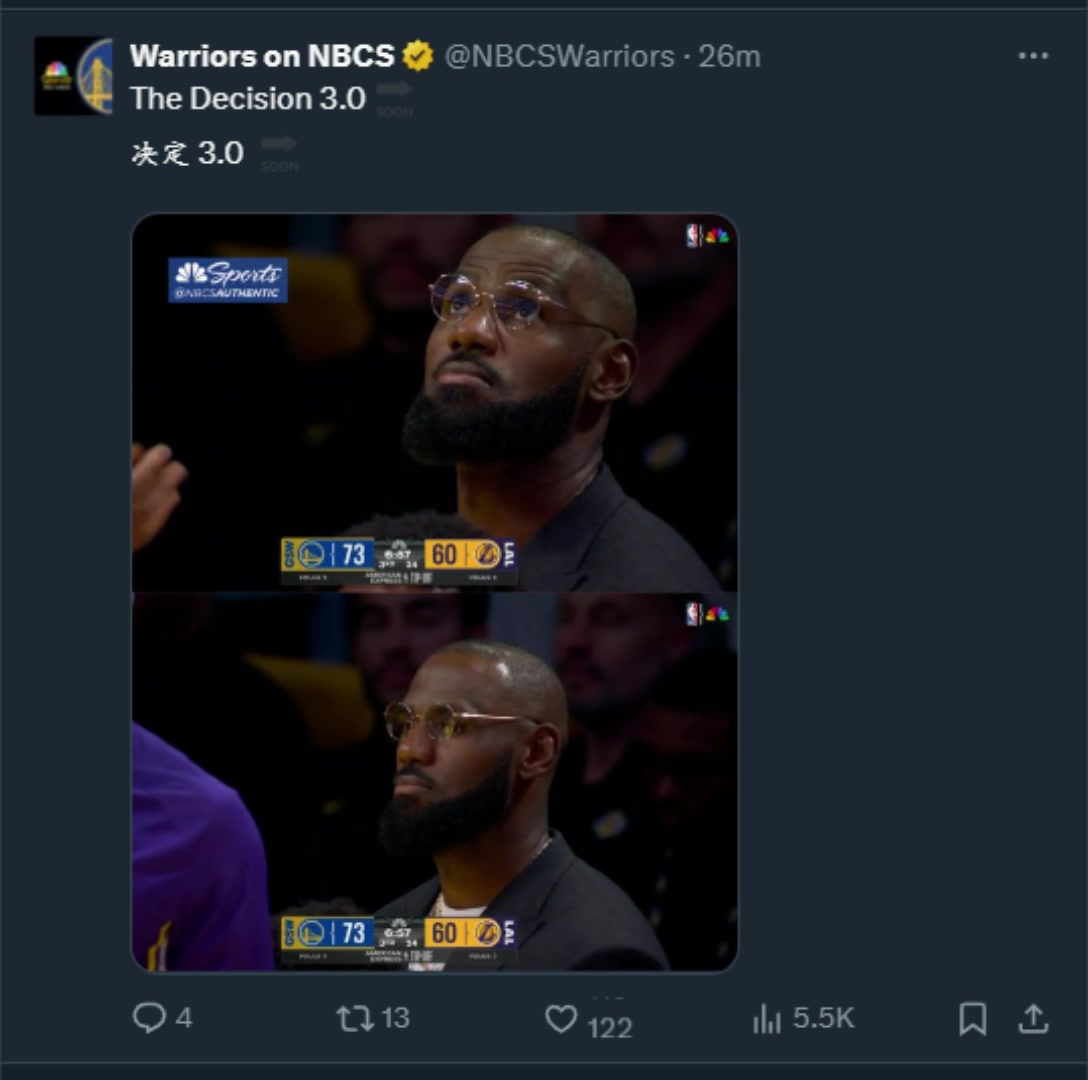 真會(huì)來事啊湖人大比分落后勇士NBC官推曬詹姆斯照片調(diào)侃決定3.0