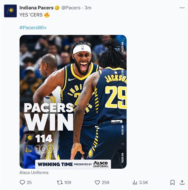 25+10成隊(duì)史第三人！印城雙向奇兵完勝庫(kù)裡 迎生涯之夜登全美熱搜