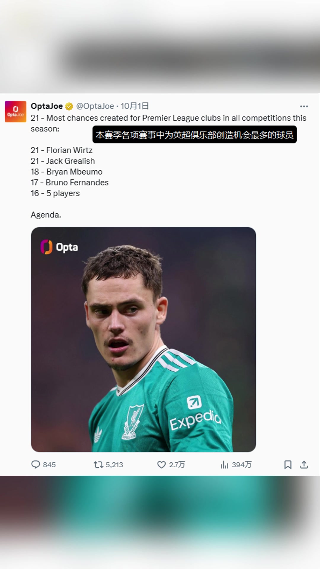 被尬黑本賽季為英超俱樂(lè)部創(chuàng)造機(jī)會(huì)最多的球員是維爾茨