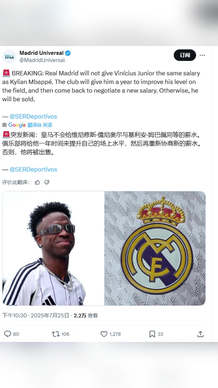 西媒皇馬不會(huì)給維尼修斯和姆巴佩相同薪水,除非提升水平不然被賣(mài)