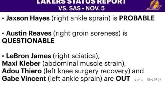 湖人迎關(guān)鍵對決，兩輪換出戰(zhàn)成疑，馬刺也面臨傷病潮